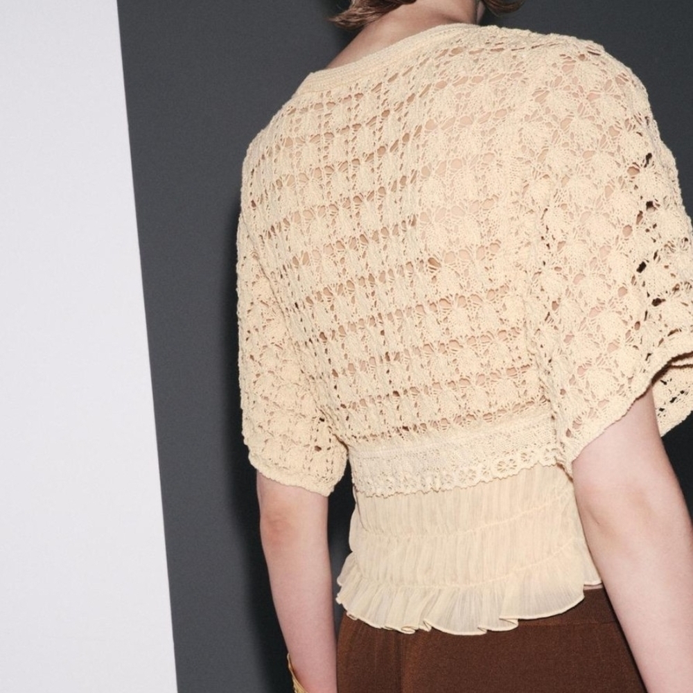 NWT Zara Crochet Open Knit Ruffled Hem Tie-Front Cardigan In Apricot - M - Picture 4 of 11